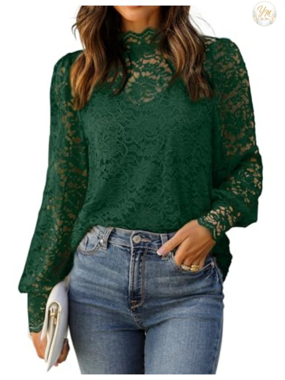 Lace Blouse Women Sheer Long Sleeve Mock Neck Floral Button Top